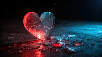 Sad glowing broken heart represents love and pain. This abstract concept of heartbreak features shattered red and blue glass heart dark surface