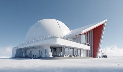 Obraz premium A modern futuristic building with a large white dome and sleek design situated in a snowy environment under a clear blue sky.