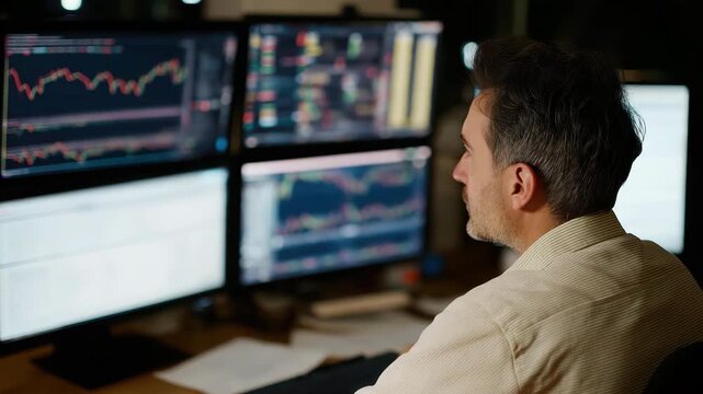 A professional analyzing stock market data on multiple screens, highlighting the intense focus and determination in today&rsquo;s fast-paced financial environment, reflecting modern-day business dynamics.
