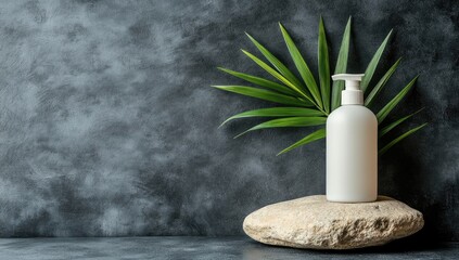 Cream bottle on stone, leaf backdrop, against gray