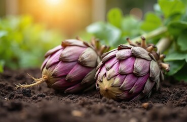 Obraz premium Two ripe purple artichokes rest in dark soil after harvest. Green leaves grow in soft sunlight, hinting at garden cultivation and fresh produce.