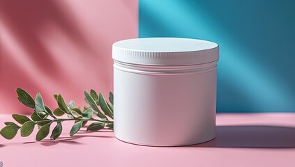 White jar on pink, teal backdrop, with leaf and shadow