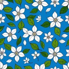 Fototapeta premium Seamless botanical illustration of scattered white blossoms and green leaves