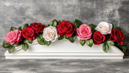 Roses, greens, white base. Grunge backdrop. Lush, elegant