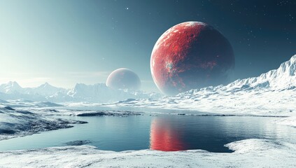 Alien world Ice, water, mountains, red planets in the sky