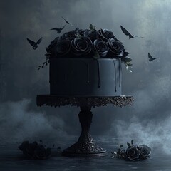 Dark cake on ornate stand, roses, birds, somber, moody