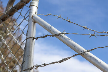 barbed wire chain mesh fence against sky