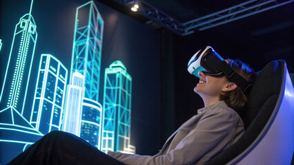 Woman engaged in futuristic virtual reality experience, wearing headset for modern technology simulation of neon city for entertainment