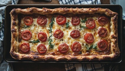 Rectangular tomato tart with herbs on sheet pan