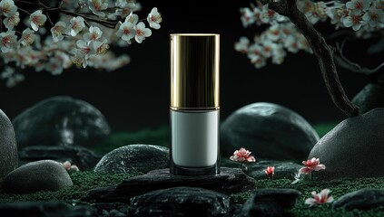 Skincare bottle amidst rocks, flowers, and gentle lighting