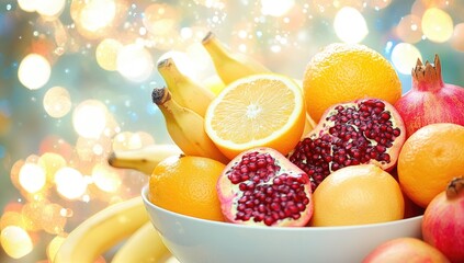 Fruit bowl overflows; vibrant colors, bokeh background