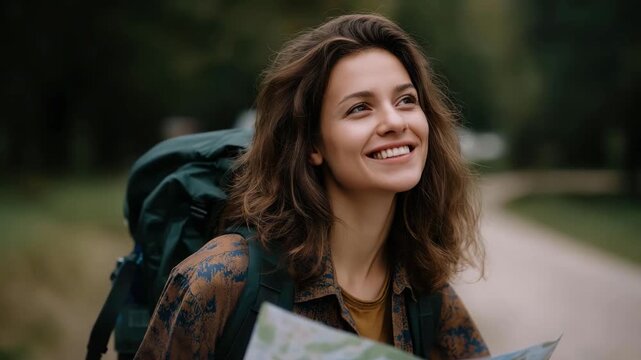 A cheerful young woman stands in nature holding a map, embodying the spirit of adventure and exploration while surrounded by lush greenery and a winding trail.
