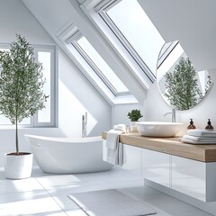 Bright bathroom. Bathtub, sink, plants, skylight, clean lines