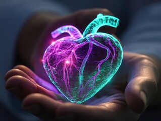 Futuristic Digital Heart in Hand – Symbol of Advanced Medical Technology and Compassionate Care