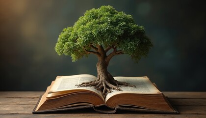 Green tree grows from open ancient book. Roots spread across old yellow pages on wood table. Knowledge, wisdom, education, learning. Represents growth of ideas, story, life, continuous learning.