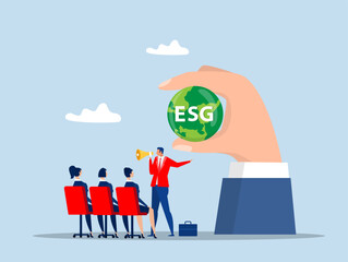 Businesspeople meeting environmental safe concept, hand holding sustainable green world with ESG word.Sustainability, ecology or renewable energy to save the world