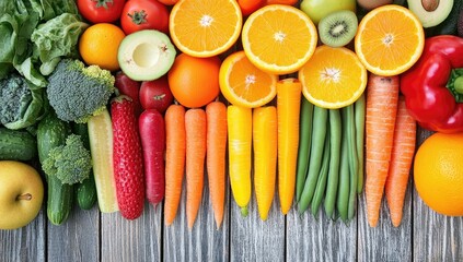 Fresh fruits and vegetables arranged on wooden surface