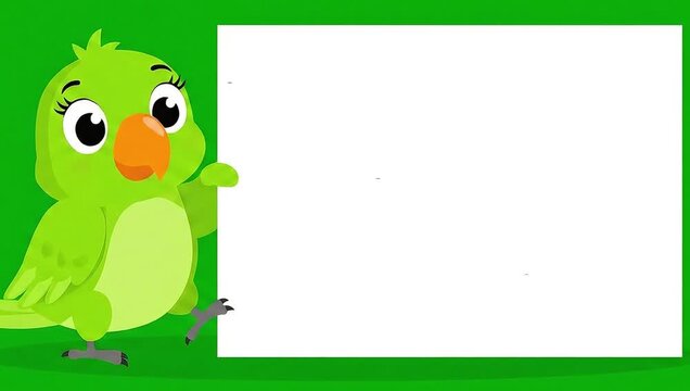 Cute Green Parrot Holding Blank White Signboard on Green Background.