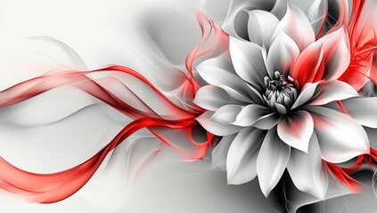 Fototapeta premium Gray flower blooms with red ribbons and smoke artfully flows