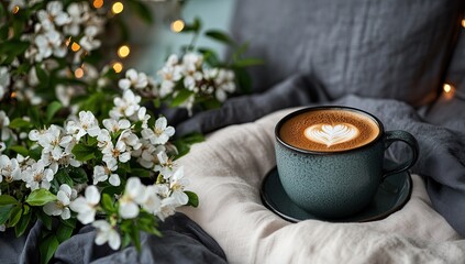 Cup of latte art, flowers, linen, and soft, warm light