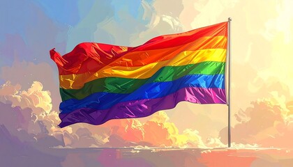 A rainbow flag waves against a painterly sky