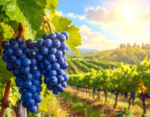 Vibrant Grape Clusters on a Vine in a Lush Vineyard Landscape Under Sunny Skies