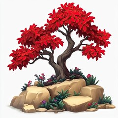 Stylized red tree growing from stacked, flat rocks