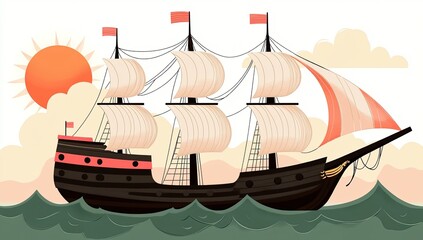 Classic sailing ship navigates open waters under bright sun