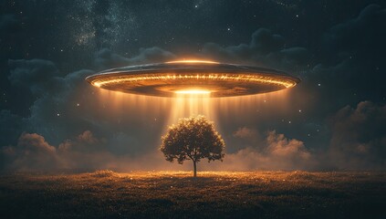 Glowing UFO beams onto lone tree in starlit field