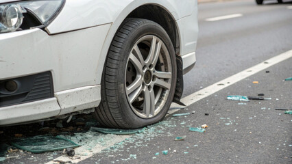 Naklejka premium Stressful close up of car accident damage. flat tire, bent wheel, and broken glass on asphalt road after dangerous vehicle crash