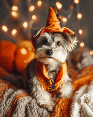 Small dog in pumpkin costume with witch hat on cozy autumn blanket