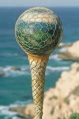 Spherical mosaic top, textured, set against coastal scene