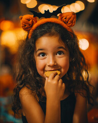 Mischievous Latina girl with pumpkin headband holding bat-shaped cookie