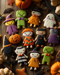 Parade of enchanted Halloween cookies with playful expressions on wooden table