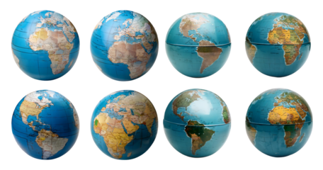 Collection of Colorful Globes Displaying Detailed World Maps, Bundle Set Collection, Isolated on Transparent Background