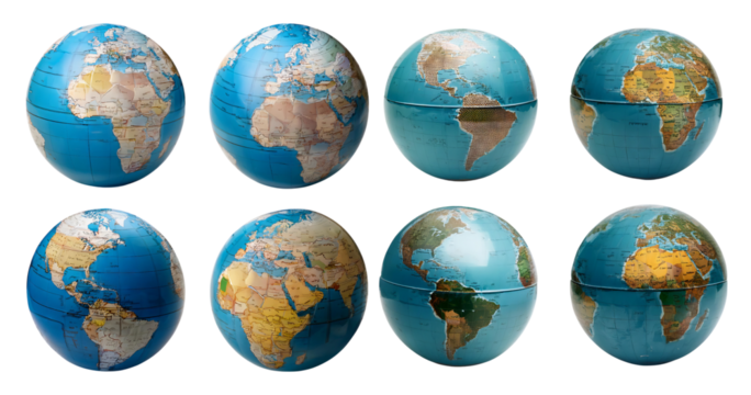 Collection of Colorful Globes Displaying Detailed World Maps, Bundle Set Collection, Isolated on Transparent Background