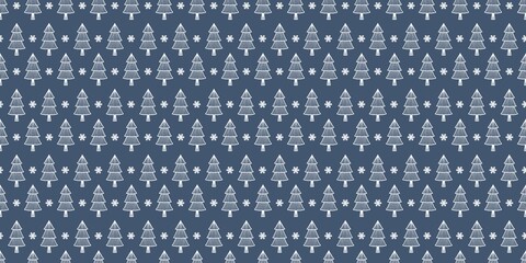 Christmas tree doodle seamless pattern with snowflakes on blue background. Festive holiday design for winter celebration and decoration. Christmas celebration and happy new year.