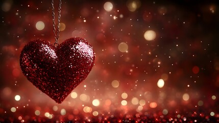 Sparkling red heart ornament shines against a blurred festive background filled with lights