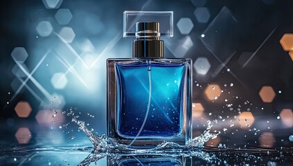 Blue cologne bottle splash with bokeh background