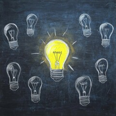 Bright bulb encircled by sketched bulbs on chalkboard