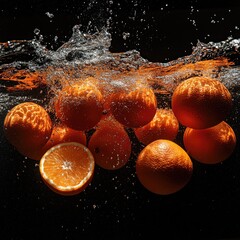 Oranges splash in water, black background, studio shot