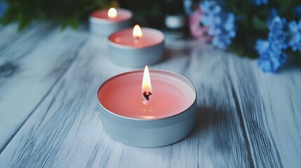 Romantic Pink Candles with Blue Flowers on Wooden Table