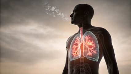 Conceptual silhouette of human man breathing with visible respiratory system. Glowing lung shows medical disease or health problem in air