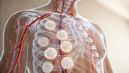 Serious medical illustration of human torso anatomy with transparent view. conceptual image showing cancer cells, health disease concern