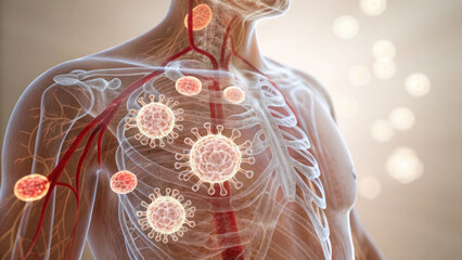 Conceptual human body torso anatomy showing dangerous virus infection or cancer cell disease spreading through medical health system