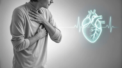 Suffering man with chest pain from heart attack, conceptual illustration of cardiovascular disease with an electrocardiogram on grey background