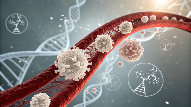 Conceptual illustration of blood vessel with white cells and DNA strand on medical science background, showing complex biological technology