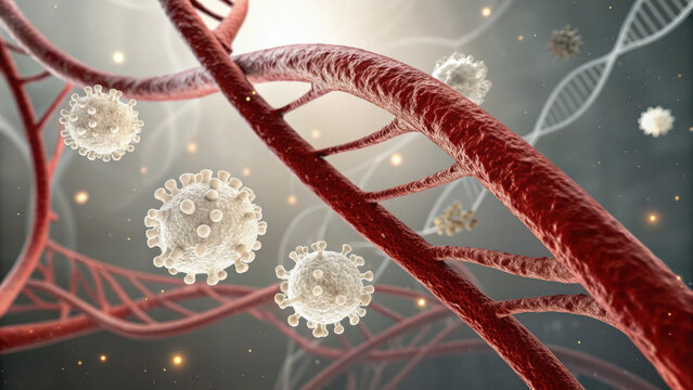 Conceptual medical illustration of virus inside blood vessel near DNA cell. science background for research on infection and disease