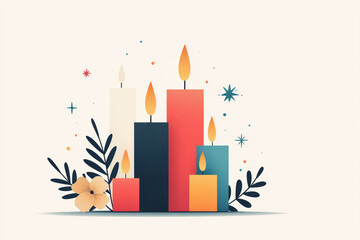 Lit candles in various colors surrounded by flowers and leaves create serene atmosphere
