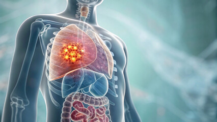 Medical illustration of human torso anatomy with lung cancer tumor. serious respiratory disease concept for medical diagnosis and oncology